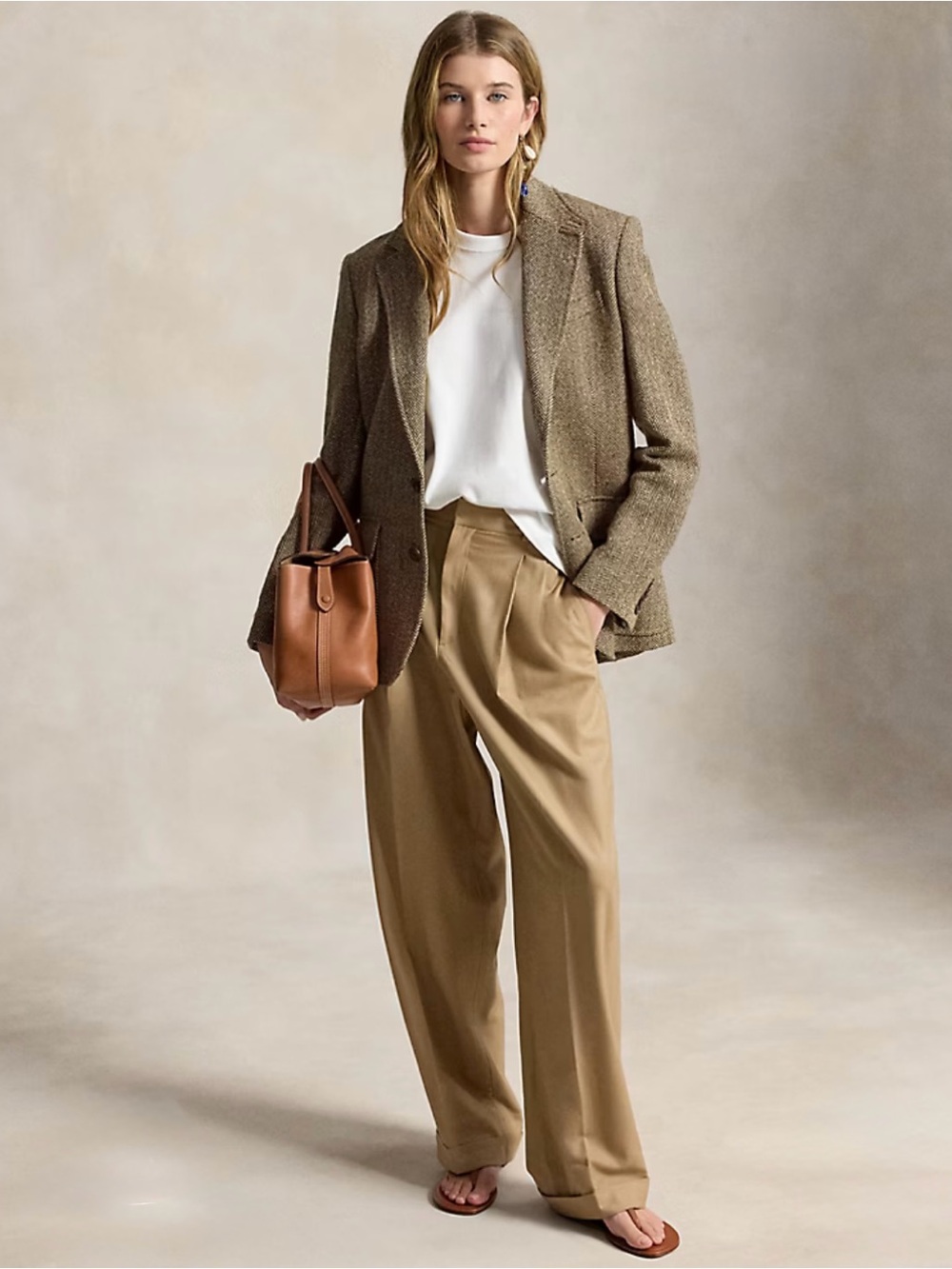Polo by Ralph Lauren Beige Pleated Trousers Bacall Wool-Blend Pant